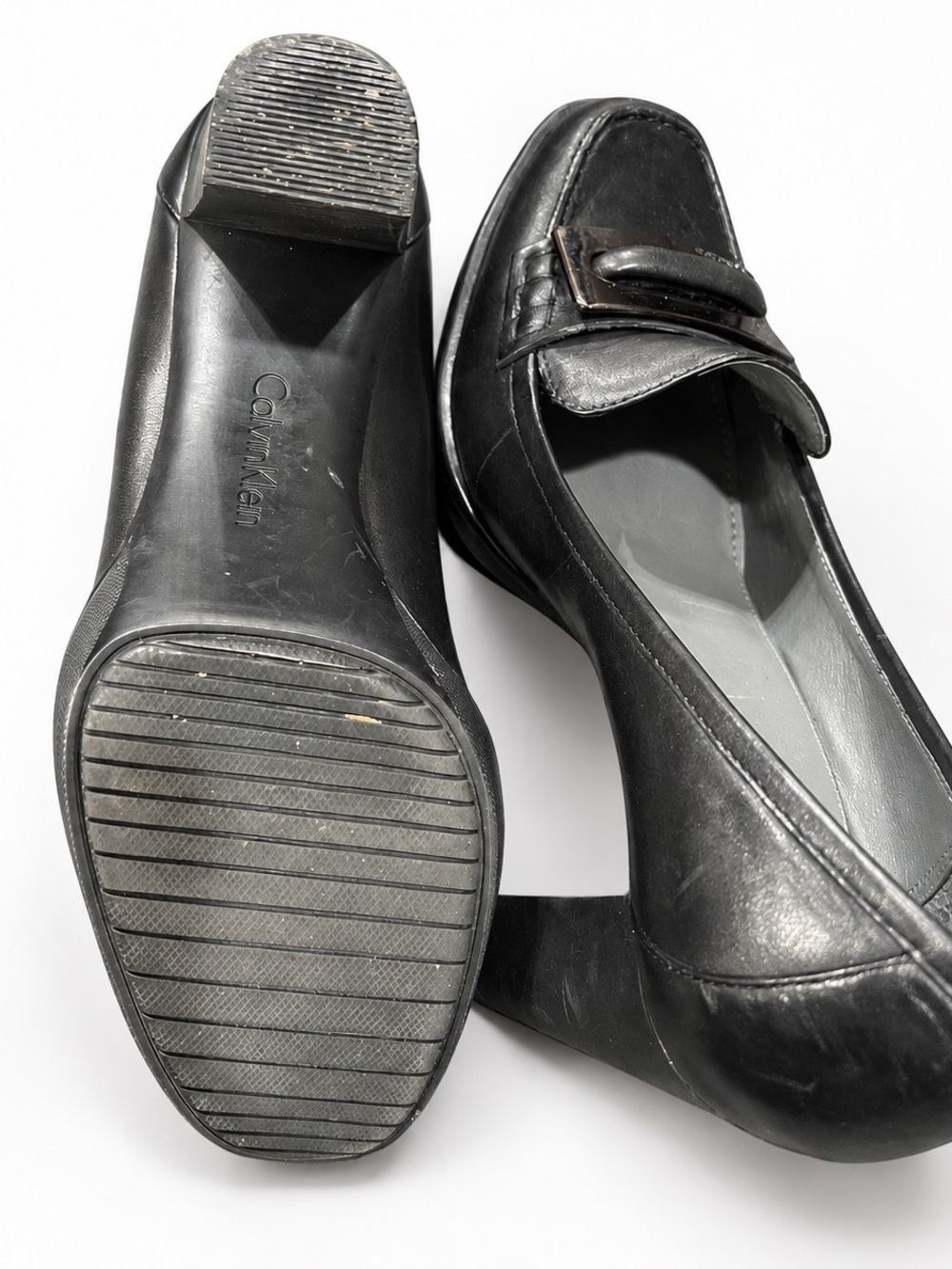 Vintage 90s Calvin Klein Black Leather Square Toe Loafer Pumps Y2K Block Heels - Picture 9 of 10